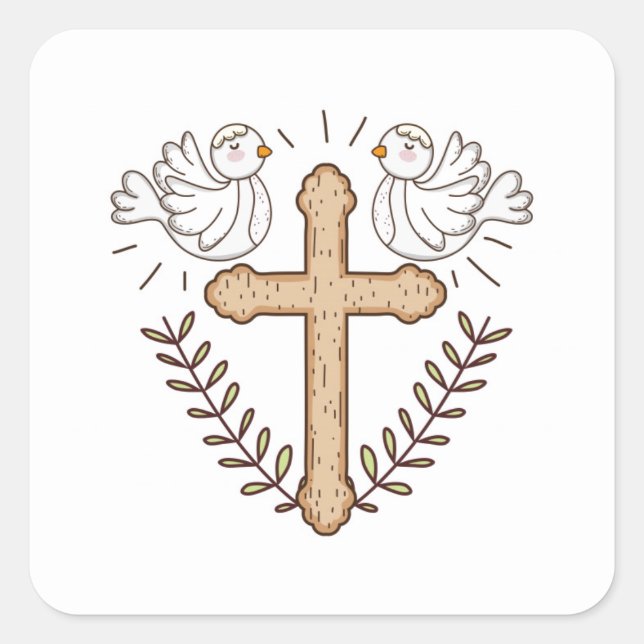 White Dove Religious Cross Baptism Christening Square Sticker (Front)