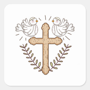 White Dove Religious Cross Baptism Christening Square Sticker