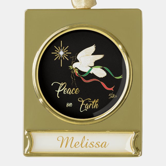 White Dove Spreading Peace On Earth Gold Plated Banner Ornament (Front)