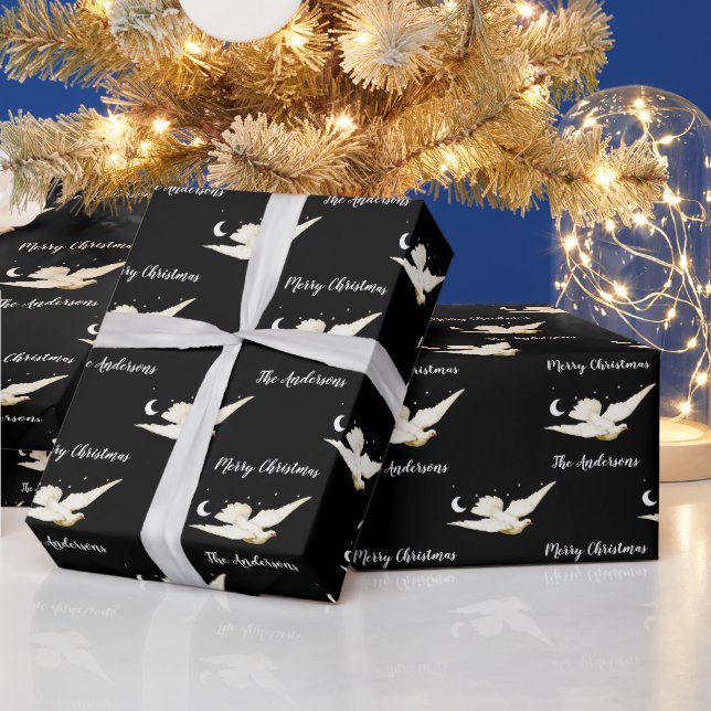 White Dove Stars Moon Merry Christmas Your Name Wrapping Paper (Holidays)