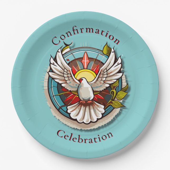 White Dove Teal Blue Confirmation Celebration  Paper Plate (Front)