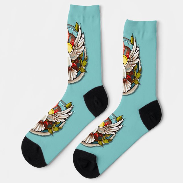 White Dove Teal Blue Confirmation Celebration  Socks (Left)