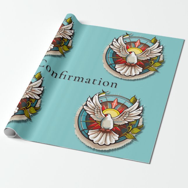 White Dove Teal Blue Confirmation Celebration  Wrapping Paper (Unrolled)