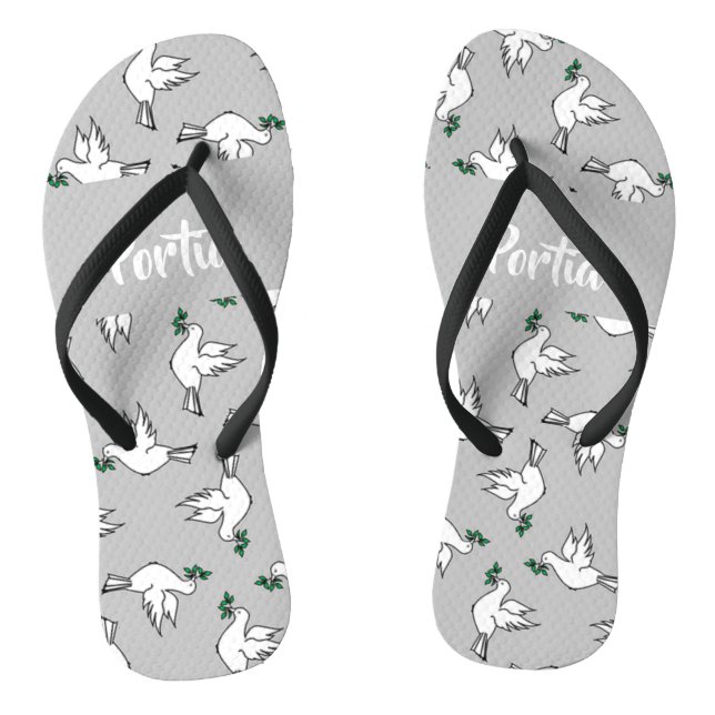 White dove with green leaves on grey flip flops (Footbed)