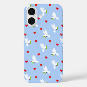 White Dove with Olive Branch & Red Hearts iPhone 16 Case
