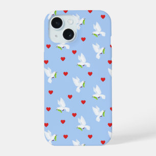 White Dove with Olive Branch & Red Hearts iPhone 15 Case