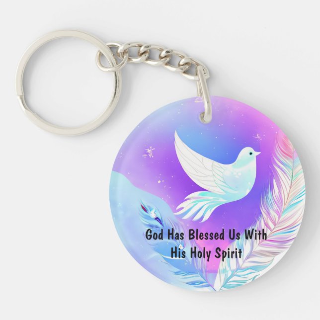 White Dove with Pink and Blue Feathers Key Ring (Front)
