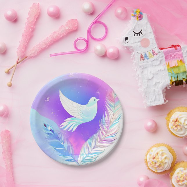 White Dove with Pink and Blue Feathers Paper Plate (Party)