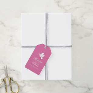 White dove with pink ribbons wedding favour tag
