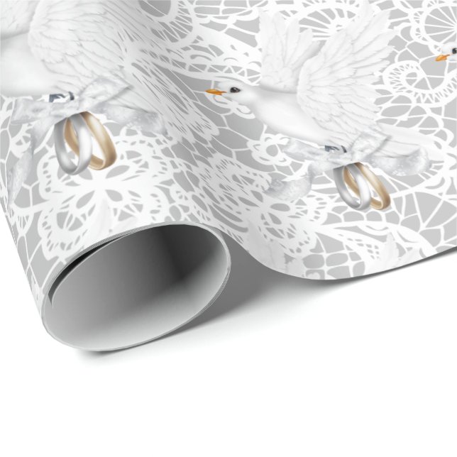 White Dove with Wedding Rings on Lace Wrapping Paper (Roll Corner)