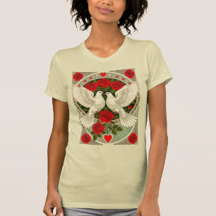White Doves and Red Roses Art Nouveau T-Shirt