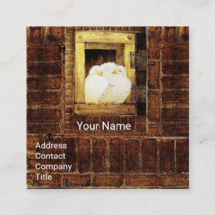 WHITE DOVES AT FARM WINDOW Yellow Brown Square Business Card