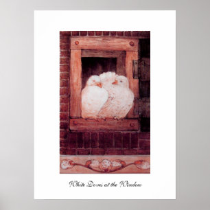 WHITE DOVES AT THE WINDOW, anique red pink Poster