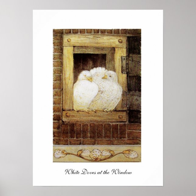 WHITE DOVES AT THE WINDOW,antique brown yellow Poster (Front)