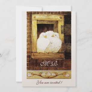 WHITE DOVES AT THE WINDOW monogram champagne Invitation
