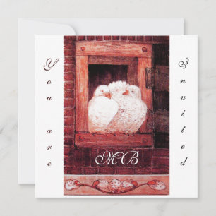 WHITE DOVES AT THE WINDOW, monogram red Invitation