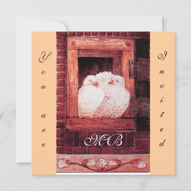 WHITE DOVES AT THE WINDOW, monogram red pink Invitation (Front)