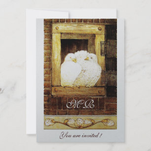 WHITE DOVES AT THE WINDOW monogram silver metallic Invitation