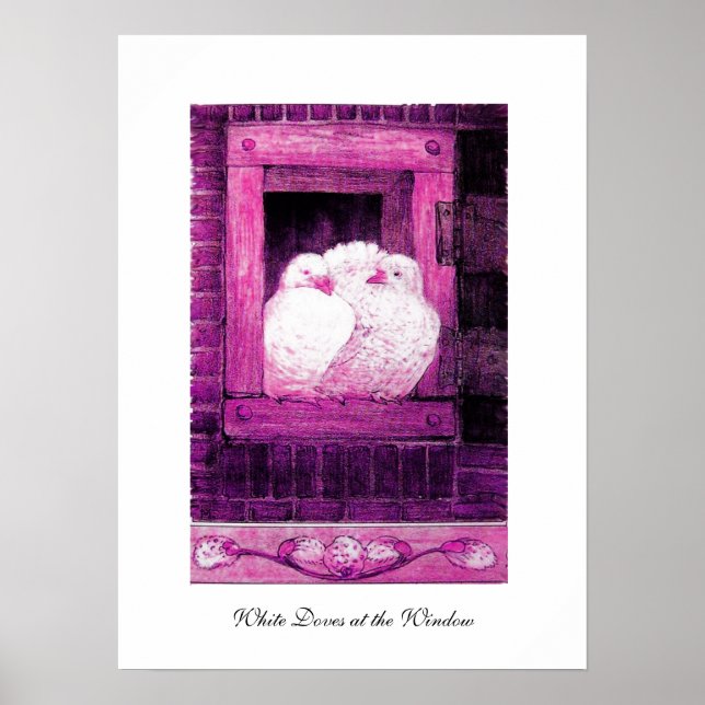 WHITE DOVES AT THE WINDOW, pink purple violet Poster (Front)