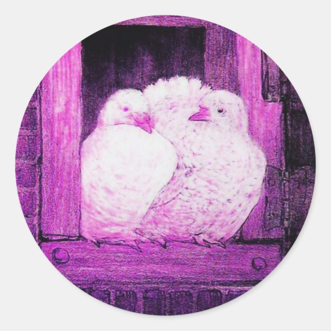 WHITE DOVES AT THE WINDOW pink violet purple Classic Round Sticker (Front)