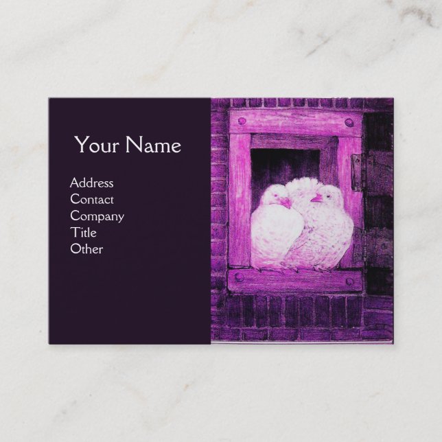 WHITE DOVES AT THE WINDOW Purple Monogram Business Card (Front)