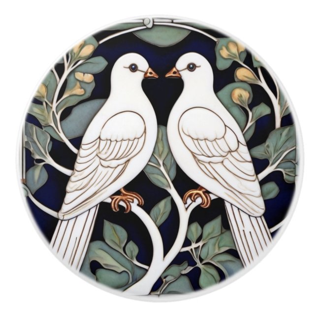White Doves Birds Art Nouveau Dove Bird Art Deco Ceramic Knob (Front)
