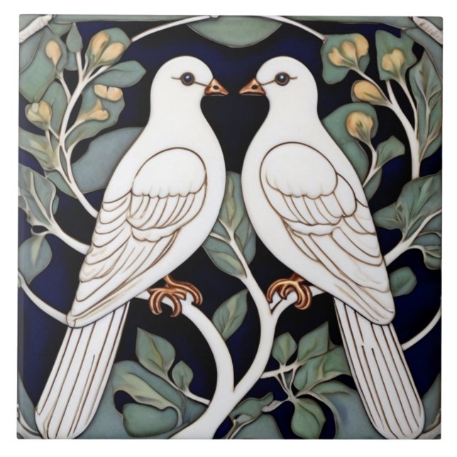White Doves Birds Art Nouveau Dove Bird Art Deco Tile (Front)