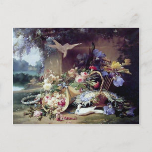 White Doves Birds Flowers painting Postcard