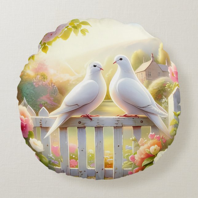 White Doves Cottage Garden Round Cushion (Front)