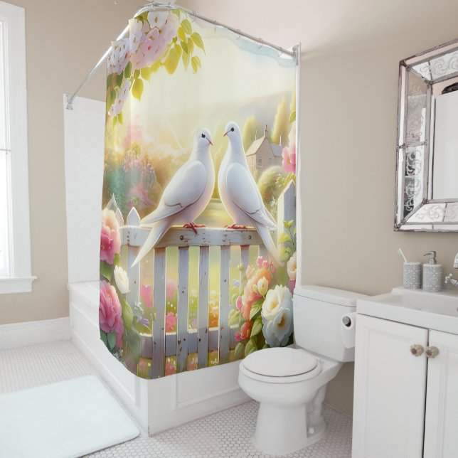 White Doves Cottage Garden Shower Curtain (In Situ)