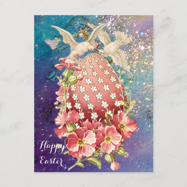 WHITE DOVES,EASTER EGG AND PINK FLOWERS IN BLUE HOLIDAY POSTCARD (Front)