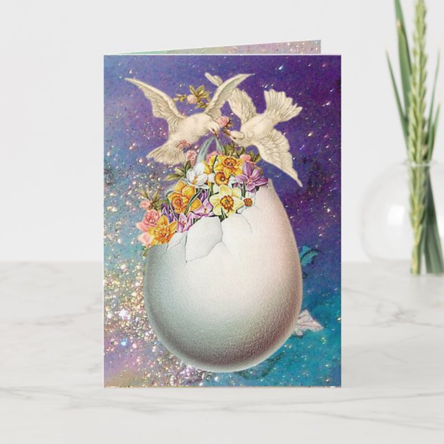 WHITE DOVES ,EASTER EGG AND YELLOW FLOWERS IN BLUE HOLIDAY CARD (Front)