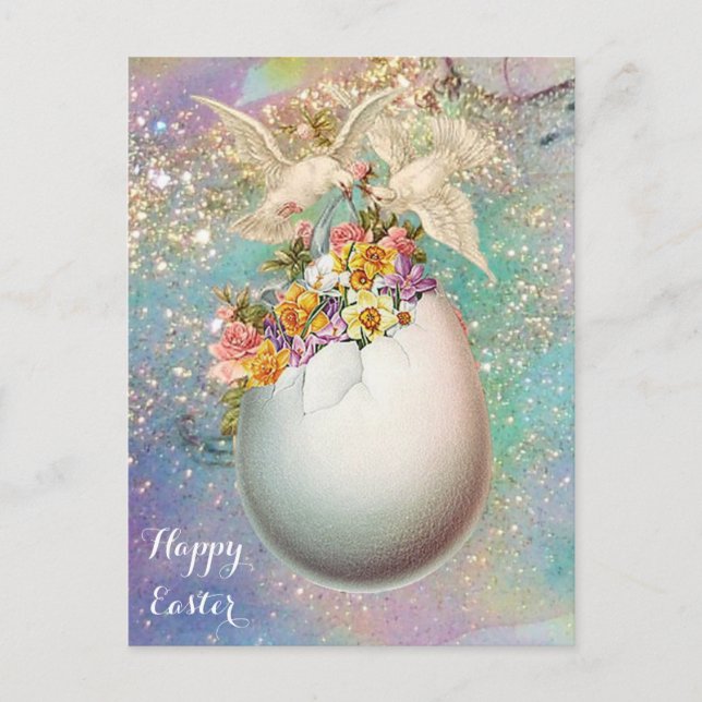 WHITE DOVES,EASTER EGG,PINK YELLOW FLOWERS IN BLUE HOLIDAY POSTCARD (Front)