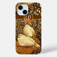 WHITE DOVES IN BROWN SEPIA,GEM STONE MONOGRAM