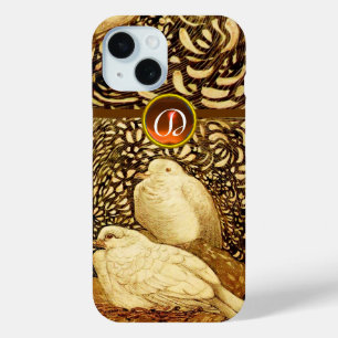 WHITE DOVES IN BROWN SEPIA,GEM STONE MONOGRAM iPhone 15 CASE