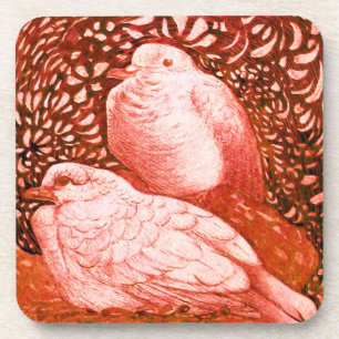 WHITE DOVES IN RED COASTER