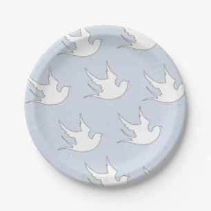 white doves on blue paper plate