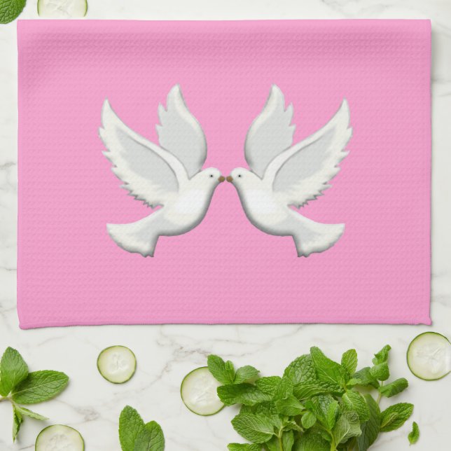 White Doves On Pink Kitchen Towel (Folded)