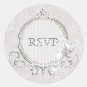 White Doves & Paisley Lace RSVP Wedding Classic Round Sticker