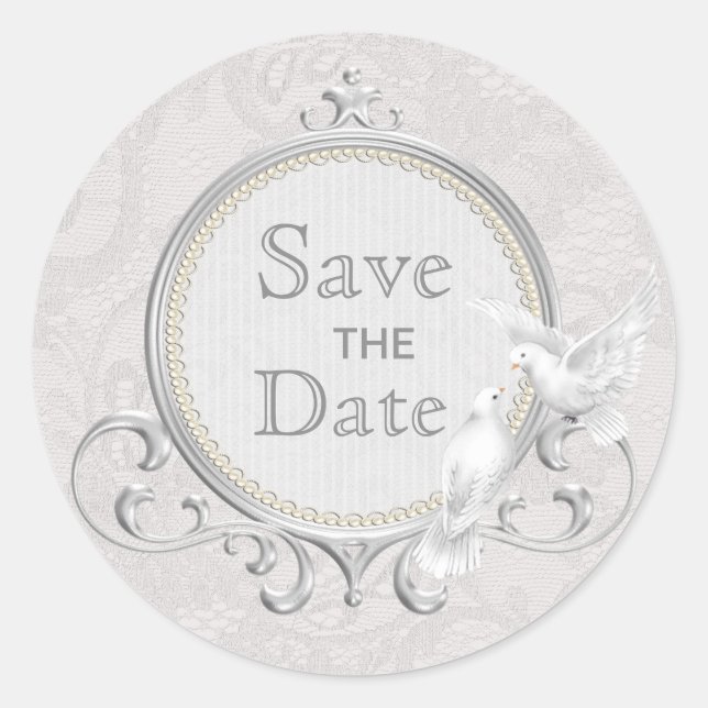 White Doves & Paisley Lace Save The Date Wedding Classic Round Sticker (Front)