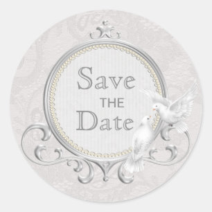 White Doves & Paisley Lace Save The Date Wedding Classic Round Sticker