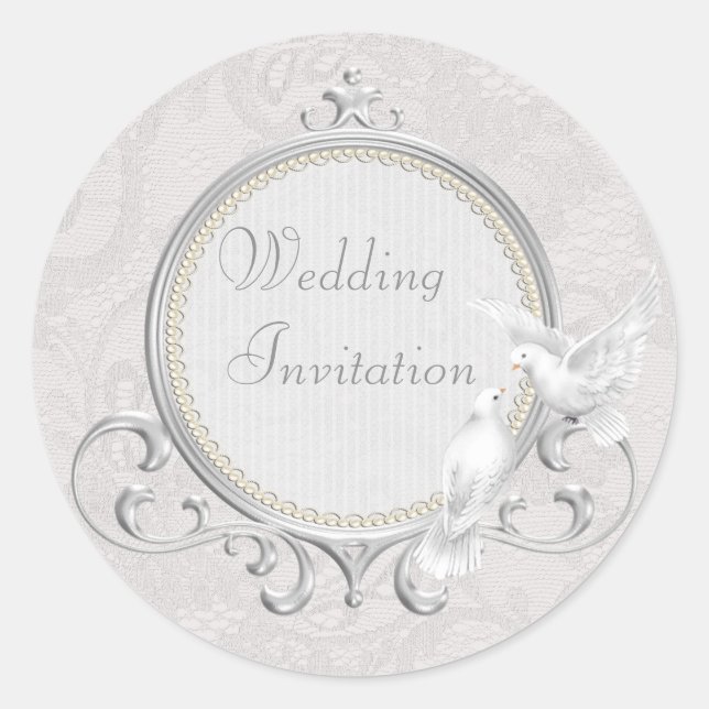 White Doves & Paisley Lace Wedding Invitation Classic Round Sticker (Front)
