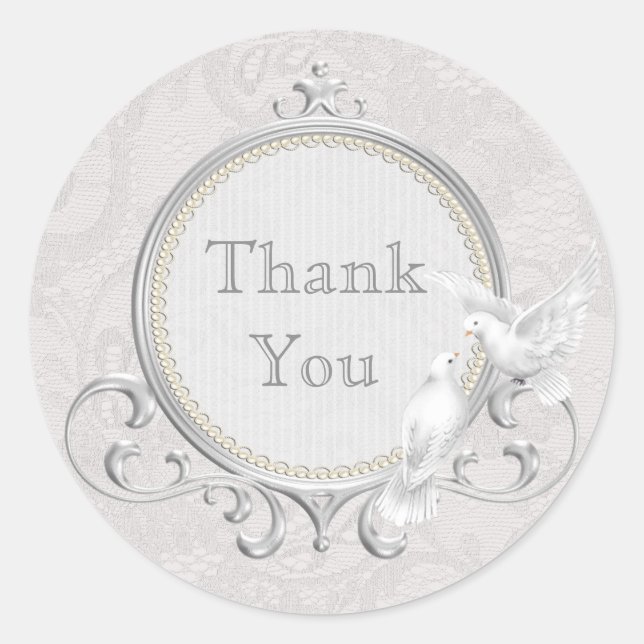 White Doves & Paisley Lace Wedding Thank You Classic Round Sticker (Front)