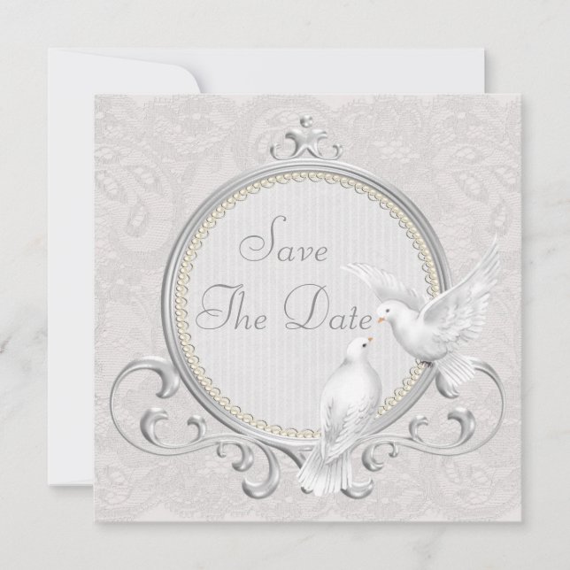 White Doves & Pearls Paisley Lace Save The Date (Front)