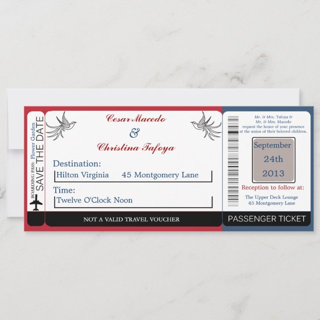 White Doves Red B Boarding Pass Wedding Invitation (Front)