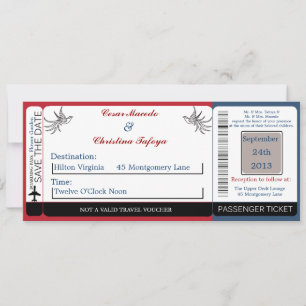 White Doves Red B Boarding Pass Wedding Invitation