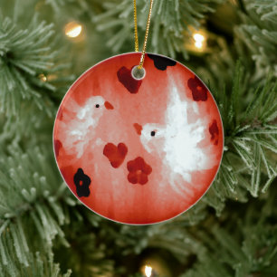 White Doves Red Hearts Love Birds Ceramic Tree Decoration