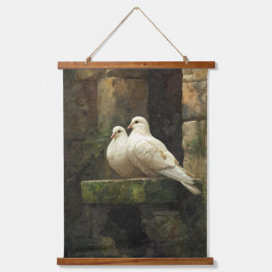 White Doves Stone Wall Rustic Romance Art Hanging Tapestry