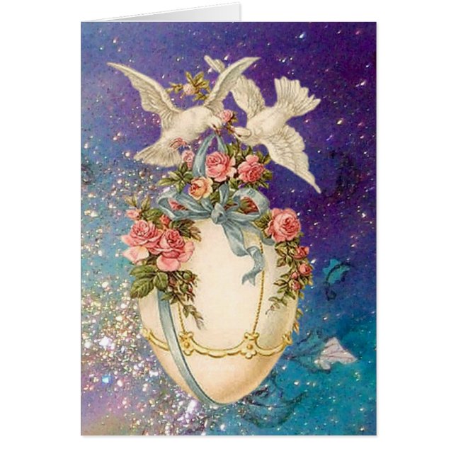 WHITE DOVES WITH EASTER EGG,BLUE BOW,PINK ROSES (Front)