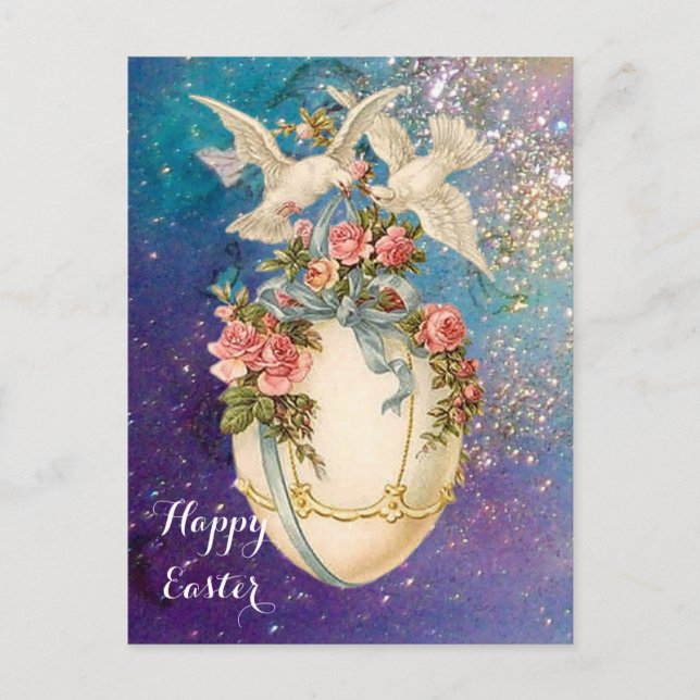 WHITE DOVES WITH EASTER EGG,BLUE BOW,PINK ROSES HOLIDAY POSTCARD (Front)